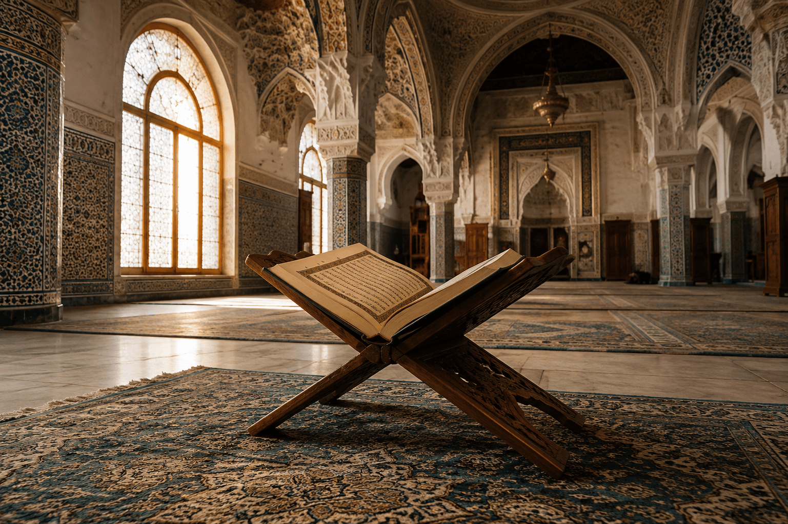 An open Quran resting on a carved wooden rehal, softly lit by natural light streaming through an arched window